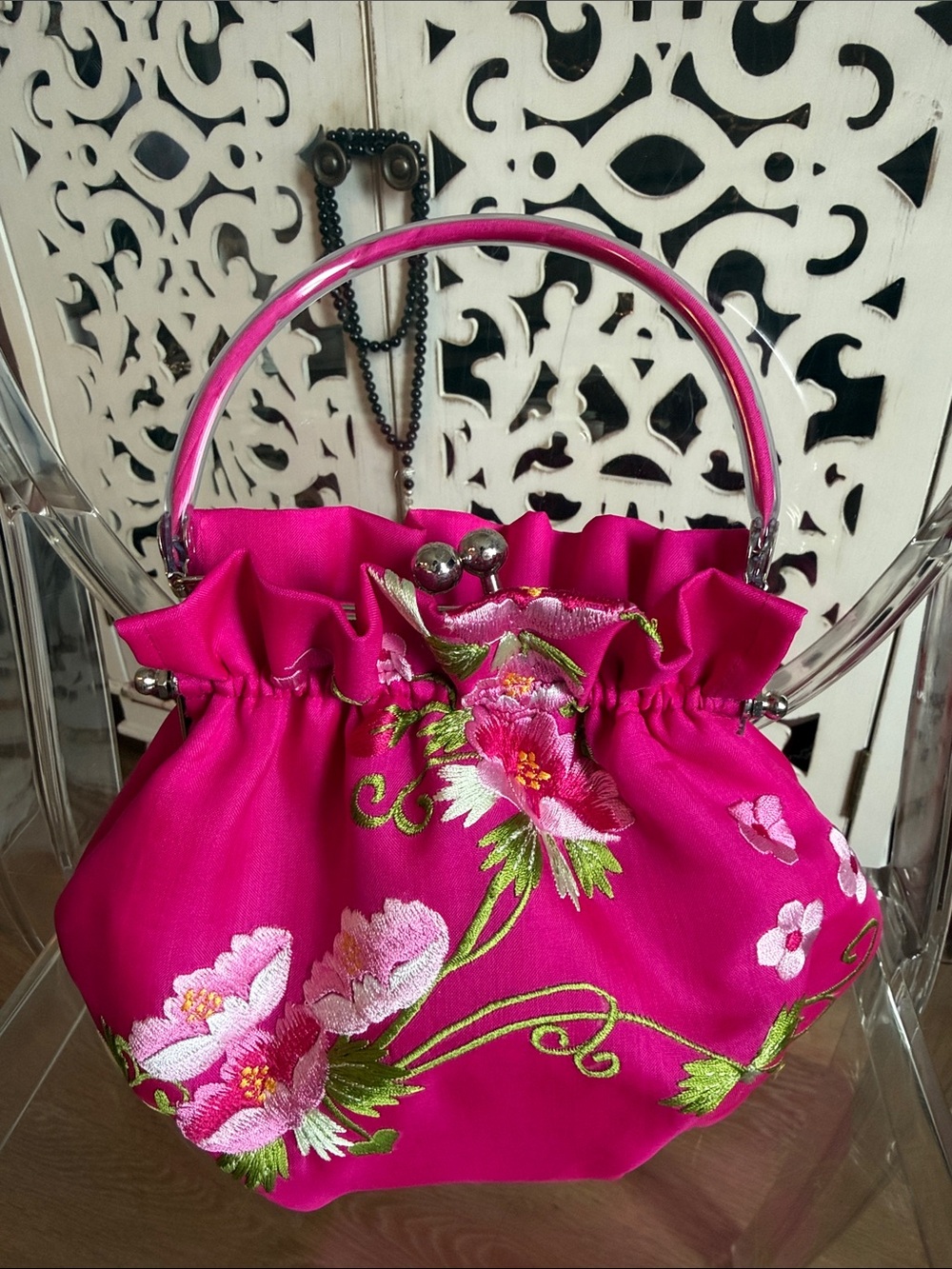 Embroidered Fuchsia Floral Evening Clutch with Metallic Handle